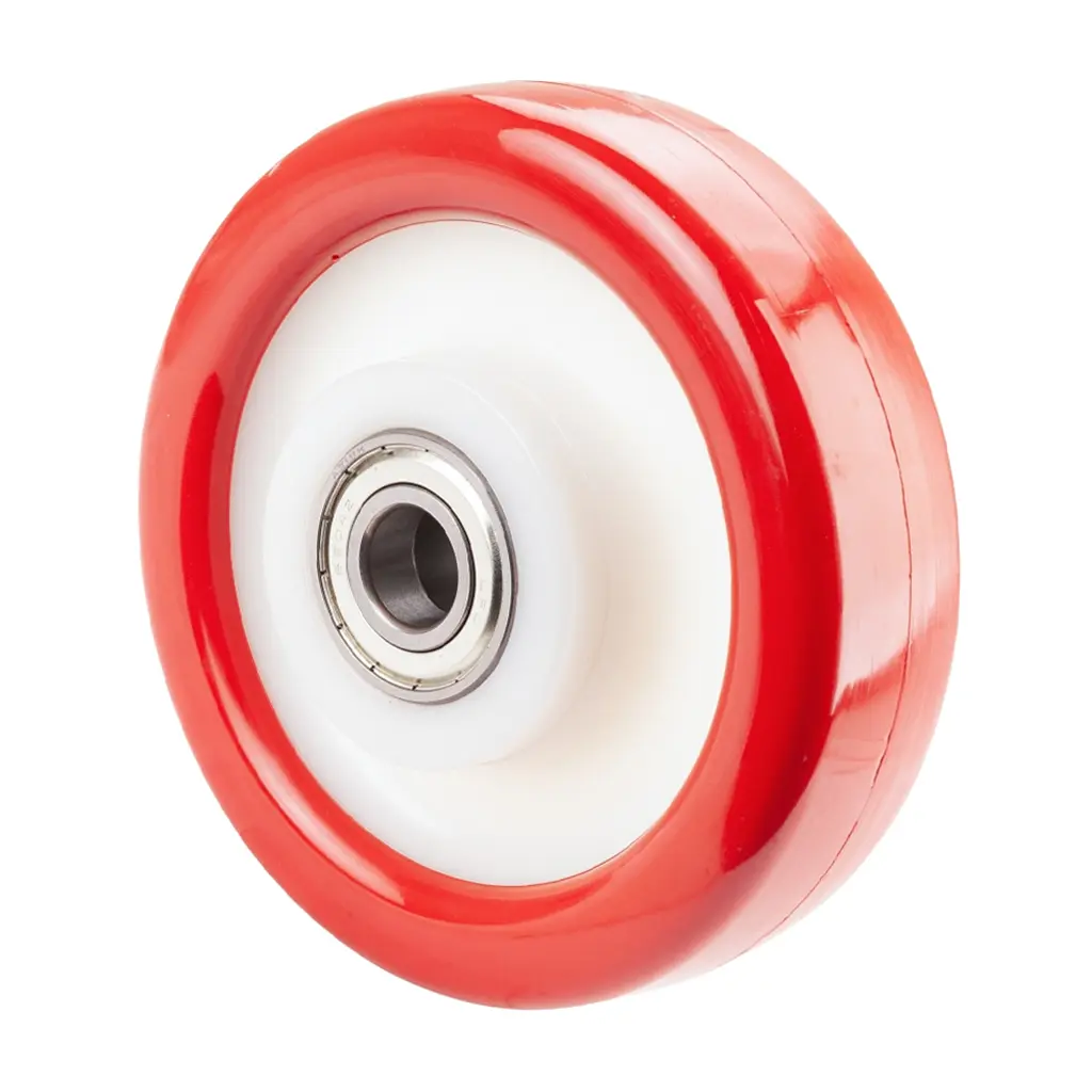 B38.160 Wheel series 160mm red polyurethane on nylon centre 20mm bore hub length 60mm ball bearing 600kg