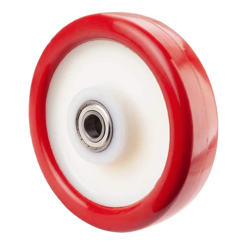 B38.200 Wheel series 200mm red polyurethane on nylon centre 20mm bore hub length 60mm ball bearing 750kg