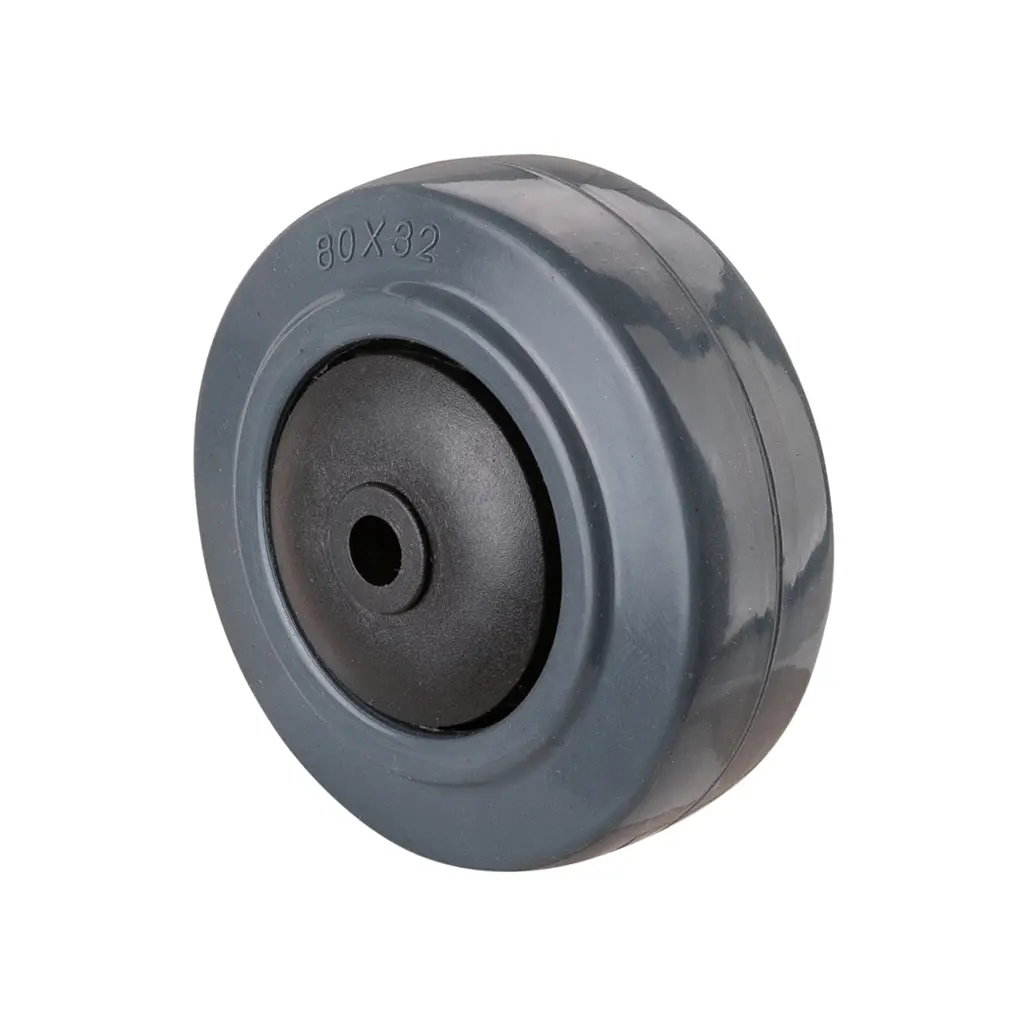 B67.081 Wheel series 80mm grey elastic rubber on polypropylene centre 8mm bore hub length 42mm single ball bearing 120kg