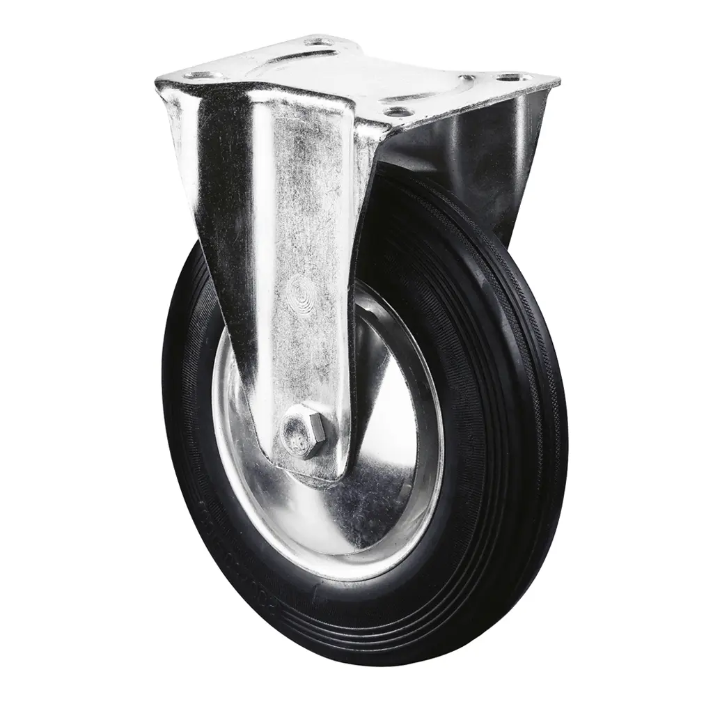 L410.B55.201 200mm fixed top plate 135x110mm castor with black rubber on pressed steel centre and tread guards roller bearing wheel 205kg