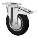 L420.B55.201 200mm swivel/brake top plate 135x110mm castor with black rubber on pressed steel centre and thread guards roller bearing wheel 205kg
