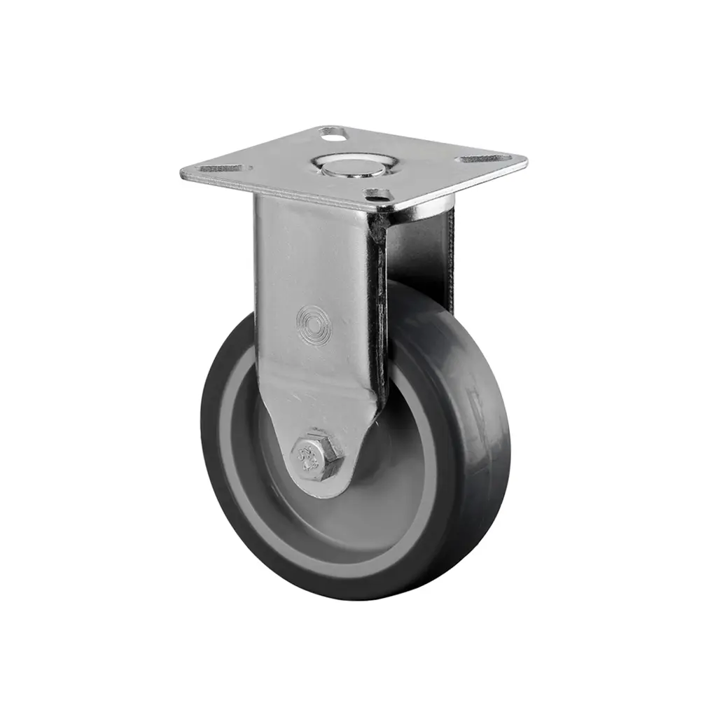 A310.A80.075 75mm fixed top plate 60x60mm castor with grey thermoplastic rubber on polypropylene centre plain bearing wheel 75kg