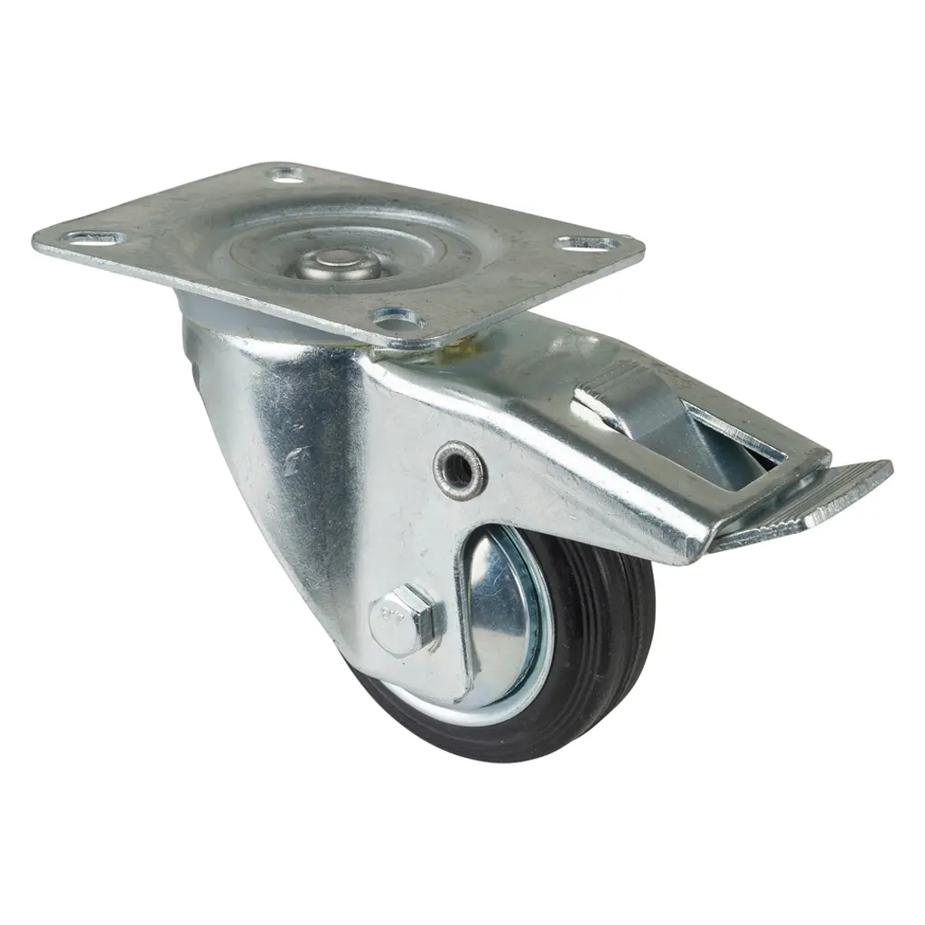 L420.B55.081 80mm swivel/brake top plate 104x80mm castor with black rubber on pressed steel centre and thread guards roller bearing wheel 50kg