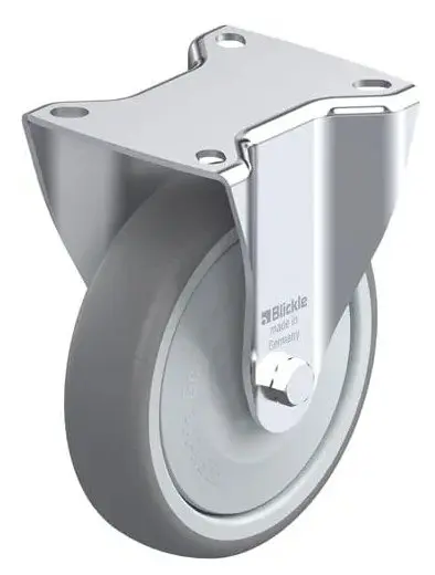 B-TPA 127KF, 125mm fixed castor with top plate fitting, wheel with thermoplastic rubber tread with polypropylene wheel centre.