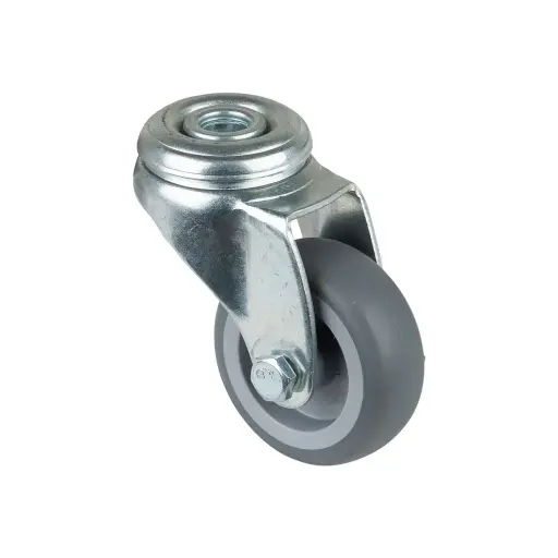 A301.A80.050, 50mm swivel bolt hole 10mm castor with grey thermoplastic rubber on polypropylene centre plain bearing wheel 50kg