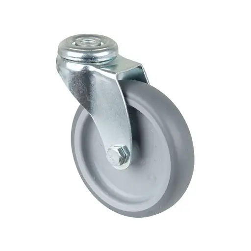 A301.A80.100 100mm swivel bolt hole 10mm castor with grey thermoplastic rubber on polypropylene centre plain bearing wheel 90kg