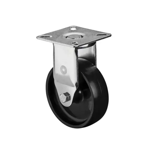 A310.A90.075 75mm fixed top plate 60x60mm castor with black polypropylene plain bearing wheel 50kg