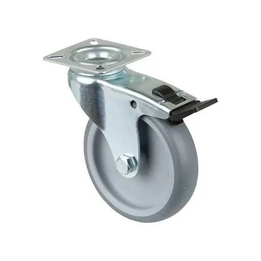 A320.A80.100 100mm swivel/brake top plate 60x60mm castor with grey thermoplastic rubber on polypropylene centre plain bearing wheel 90kg