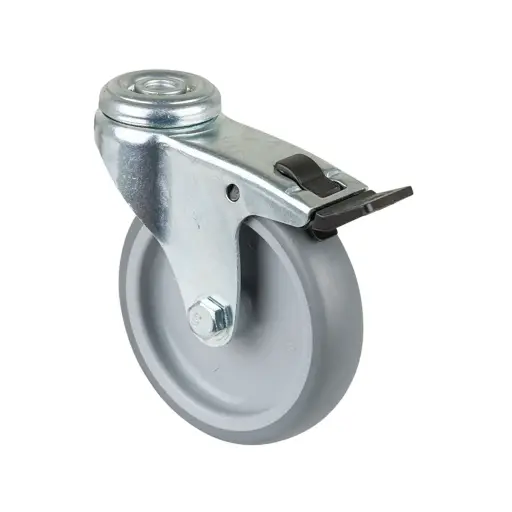 A321.A80.100 100mm swivel/brake bolt hole 10mm castor with grey thermoplastic rubber on polypropylene centre plain bearing wheel 90kg