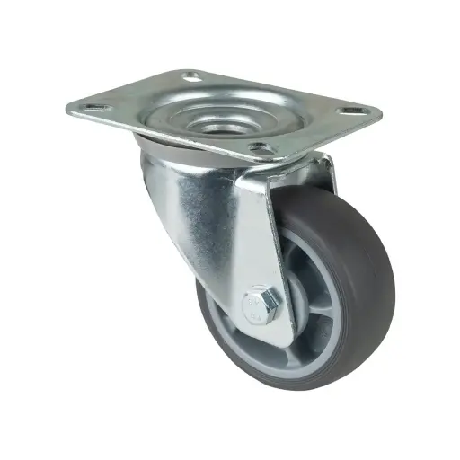 L400.A85.082 80mm swivel top plate 104x80mm castor with grey thermoplastic rubber on polypropylene centre single ball bearing wheel 100kg