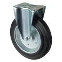 L410.B55.250, 250mm fixed top plate 135x110mm castor with black rubber on pressed steel centre roller bearing wheel 250kg