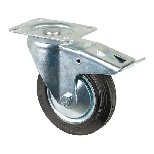L420.B55.126 125mm swivel/brake top plate 105x80mm castor with black rubber on pressed steel centre and thread guards roller bearing wheel 100kg