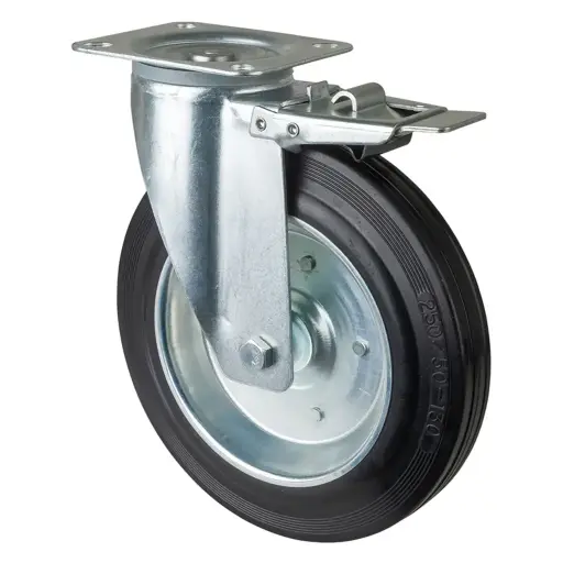 L420.B55.250, 250mm swivel/brake top plate 135x110mm castor with black rubber on pressed steel centre roller bearing wheel 250kg