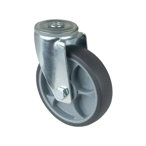 L101.A85.127 125mm swivel bolt hole 12.2mm castor with grey thermoplastic rubber on polypropylene centre single ball bearing wheel 120kg