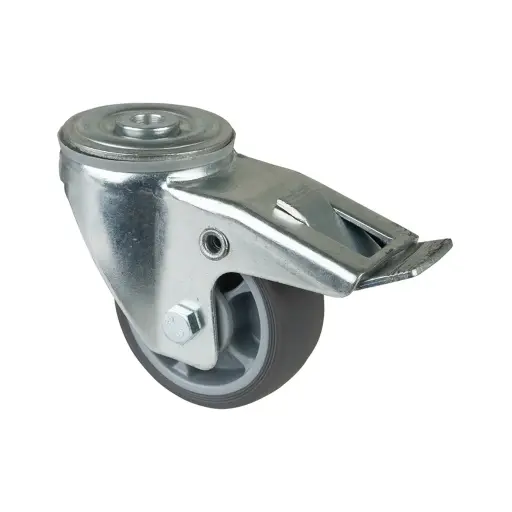 L121.A85.082 80mm swivel/brake bolt hole 12.2mm castor with grey thermoplastic rubber on polypropylene centre single ball bearing wheel 100kg