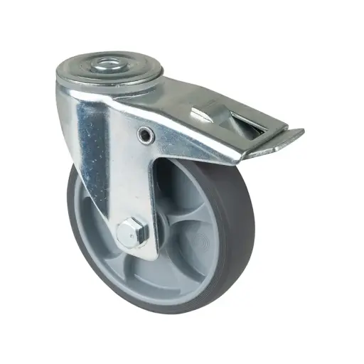 L121.A85.127 125mm swivel/brake bolt hole 12.2mm castor with grey thermoplastic rubber on polypropylene centre single ball bearing wheel 120kg