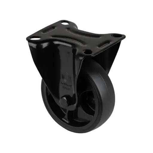 L810.B44.101.06 100mm fixed top plate 104x80mm castor with black thermoplastic rubber on polypropylene centre roller bearing wheel 110kg