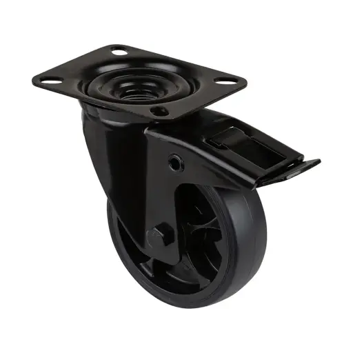 L820.B44.101.06 100mm swivel/brake top plate 104x80mm castor with black thermoplastic rubber on polypropylene centre roller bearing wheel 110kg