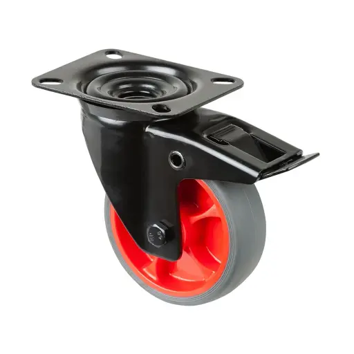 L820.B44.101.03 100mm swivel/brake top plate 104x80mm castor with grey thermoplastic rubber on polypropylene centre roller bearing wheel 110kg