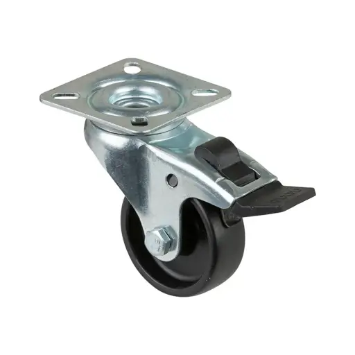 A320.A90.051 50mm swivel/brake top plate 60x60mm castor with black polypropylene plain bearing wheel 50kg