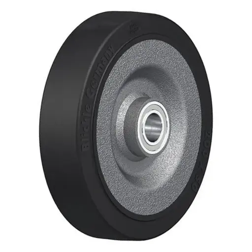 SE 200/25K Wheel series 200mm black elastic rubber on welded steel centre 25mm bore hub length 60mm ball bearings 600kg