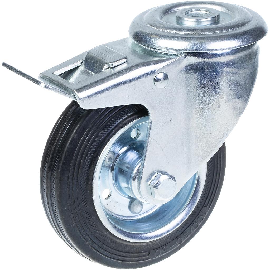 300 series 100mm swivel/brake bolt hole 10,5mm castor with black rubber on pressed steel centre roller bearing wheel 90kg