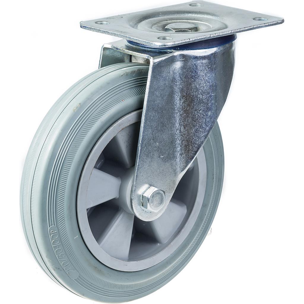 300 series 200mm swivel top plate 140x110mm castor with grey rubber on polypropylene centre roller bearing wheel 205kg