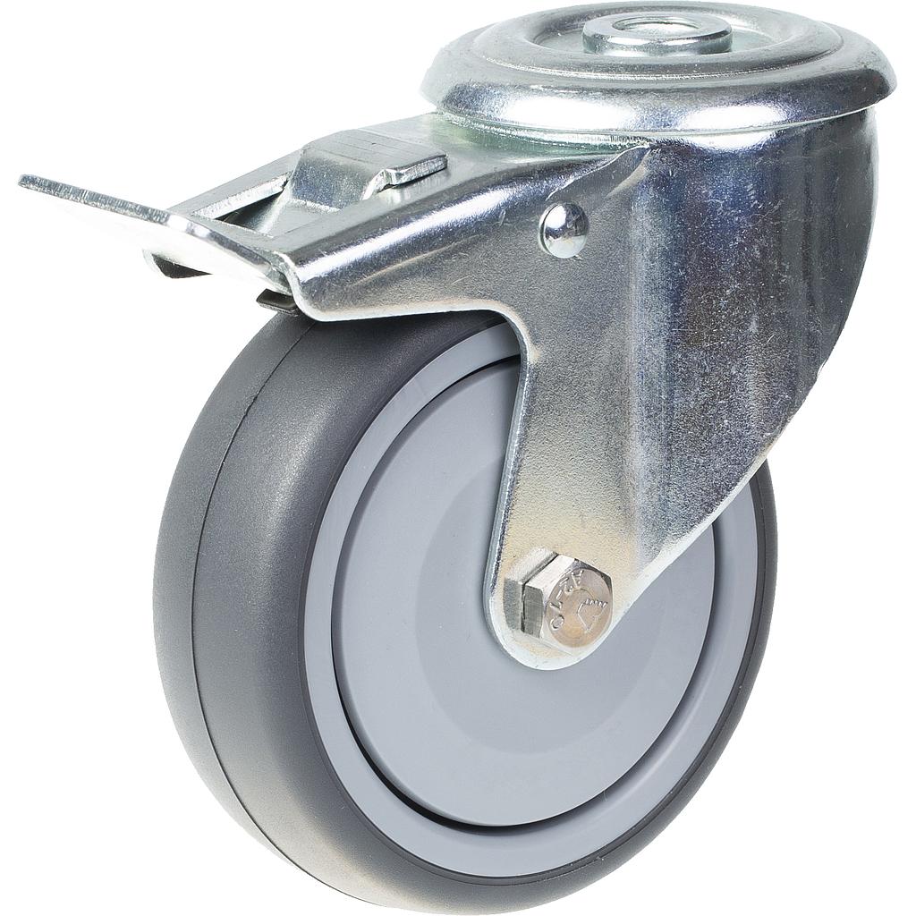 300 series 80mm swivel/brake bolt hole 10,5mm castor with grey thermoplastic rubber on polypropylene centre single ball bearing wheel 80kg