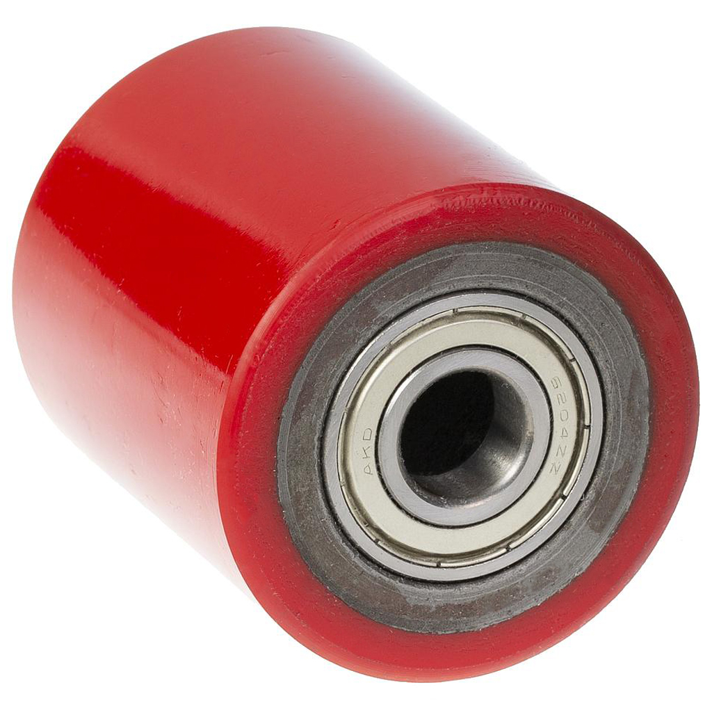 Roller for pallet truck 80x80mm RED polyurethane on cast iron centre 20mm bore hub length 80mm ball bearing 500kg