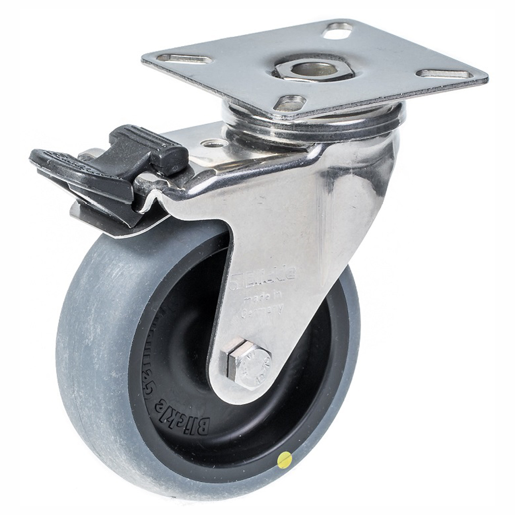 100SS series 75mm stainless steel swivel/brake top plate 60x60mm castor with electrically conductive grey thermoplastic rubber on polypropylene centre plain bearing wheel 50kg