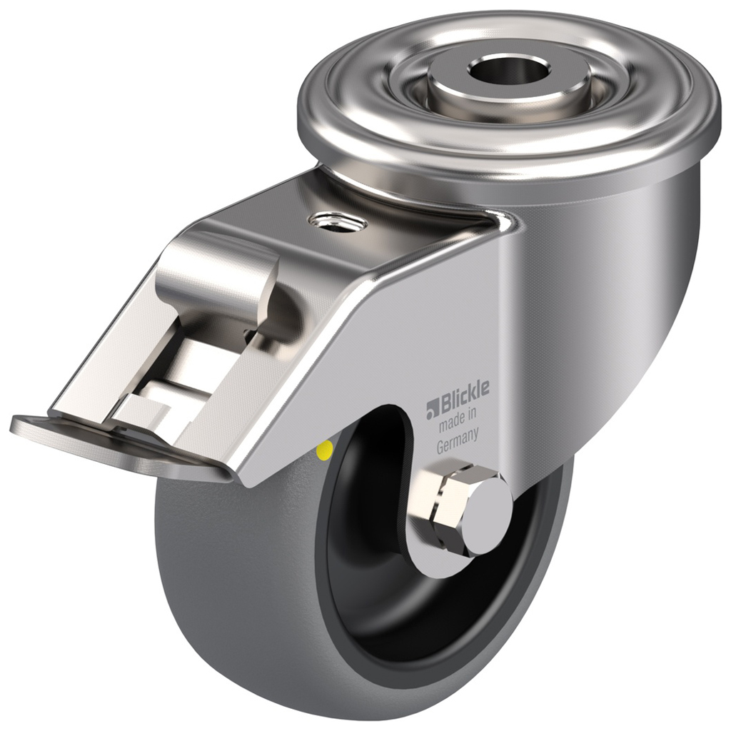300SS series 80mm stainless steel swivel/brake bolt hole 13mm castor with electrically conductive grey thermoplastic rubber on polypropylene centre plain bearing wheel 65kg