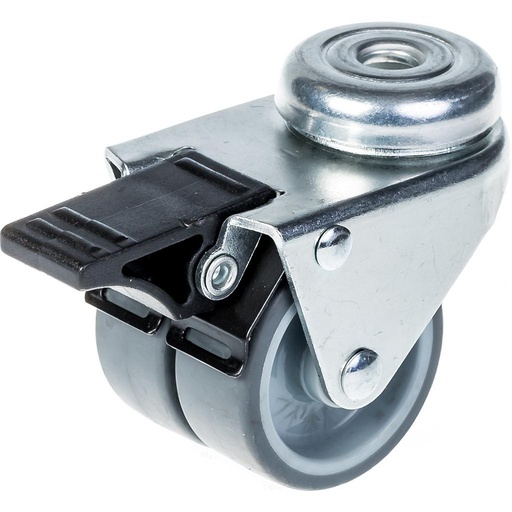 100 series 2x50mm swivel/brake bolt hole 10mm castor with grey thermoplastic rubber on polypropylene centre plain bearing wheels 70kg