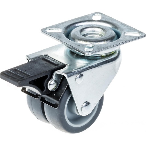100 series 2x50mm swivel/brake top plate 60x60mm castor with grey thermoplastic rubber on polypropylene centre plain bearing wheels 70kg