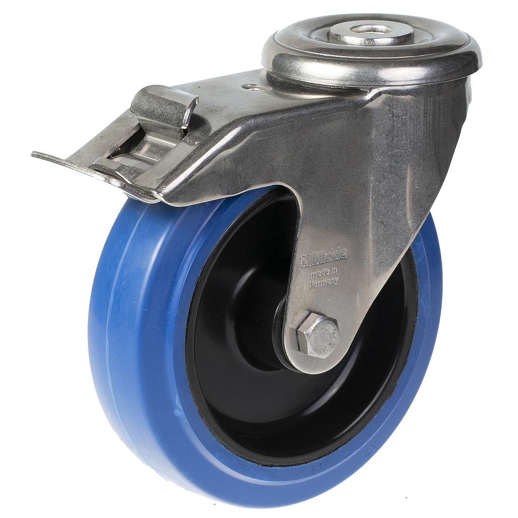 300SS series 125mm stainless steel swivel/brake bolt hole 13mm castor blue elastic rubber on nylon centre stainless steel roller bearing wheel 150kg 