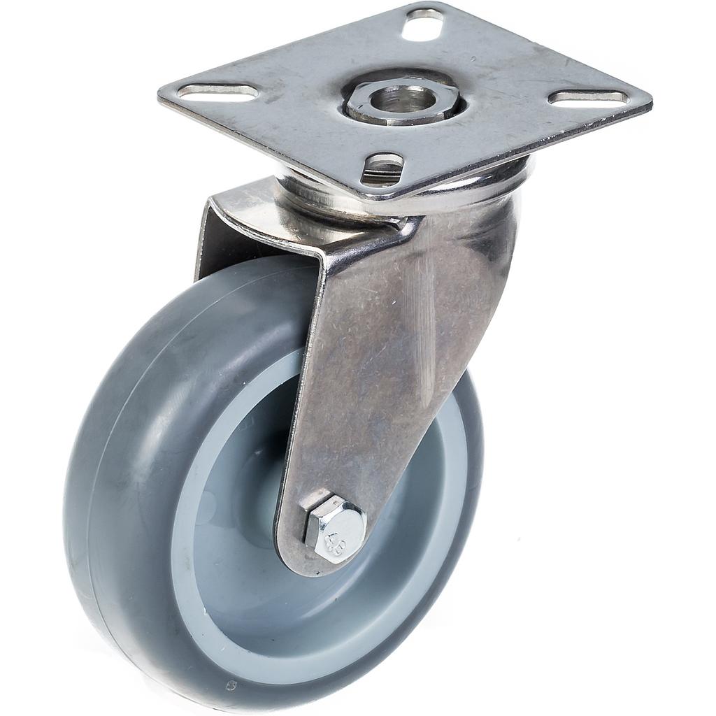 100SS series 75mm stainless steel swivel top plate 60x60mm castor with grey thermoplastic rubber on polypropylene centre plain bearing wheel 60kg