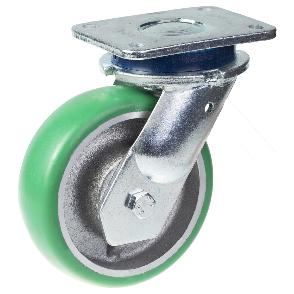 1500 series 160mm swivel top plate 135x110mm castor with green convex elastic polyurethane on cast iron centre ball bearing wheel 550kg