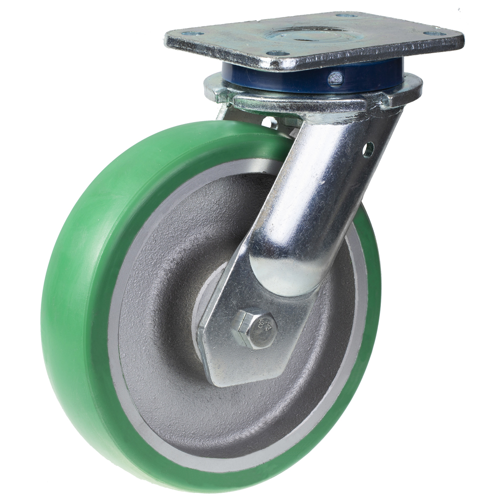 1500 series 200mm swivel top plate 135x110mm castor with green convex elastic polyurethane on cast iron centre ball bearing wheel 700kg