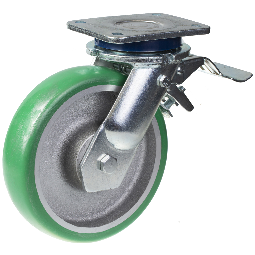 1500 series 200mm swivel/brake top plate 135x110mm castor with green convex elastic polyurethane on cast iron centre ball bearing wheel 700kg