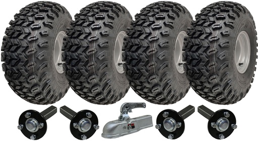 Set of 4 - 22x11.00-8 4ply P334 UTILITY on 4/100 RIM & Hub & Stub axle 4/100 M12stud 40x40 High speed (waterproof) with a SPP 3000kg cast coupling