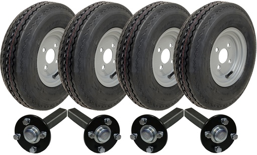 Set of 4 - 4.00-8 6ply P811 Trailer Wheel 4/100mm & Hubs & Stubs Axle 4/100 M12 wheel bolts 35x35mm Hi speed