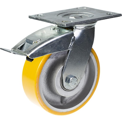 500 series 125mm swivel/brake top plate 140x110mm castor with polyurethane on cast iron centre ball bearing wheel 500kg