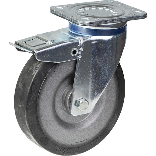 800 series 125mm swivel/brake top plate 135x110mm castor with black elastic rubber on nylon centre ball bearing wheel 320kg