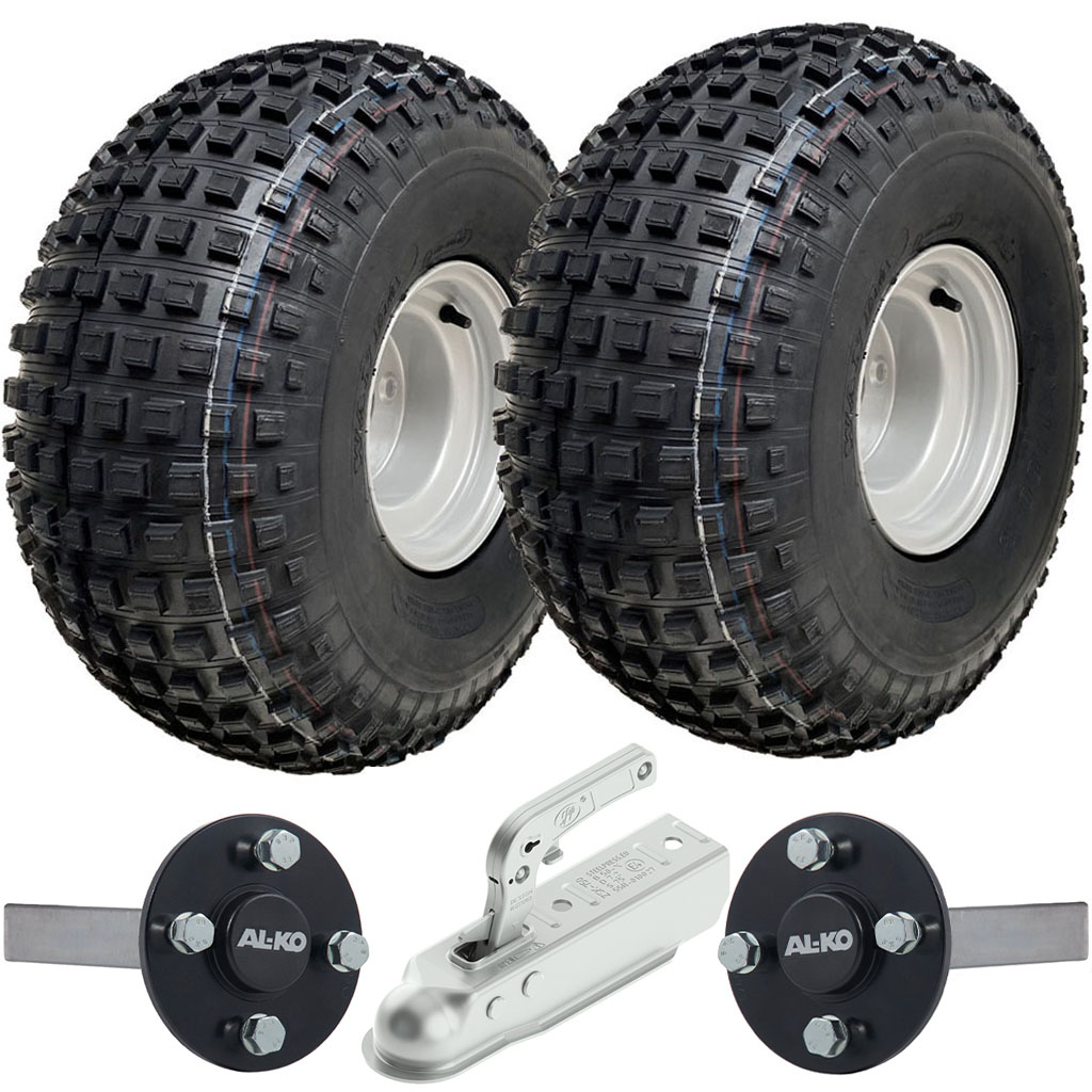 ATV Trailer Kit, 22x11.00-8 6pr P323 Knobby tyre, Hub/stub axle 35x35mm (Alko), pressed hitch, 612kg load capacity