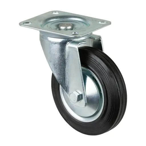 L400.B55.161 160mm swivel top plate 135x110mm castor with black rubber on pressed steel centre and thread guards roller bearing wheel 135kg