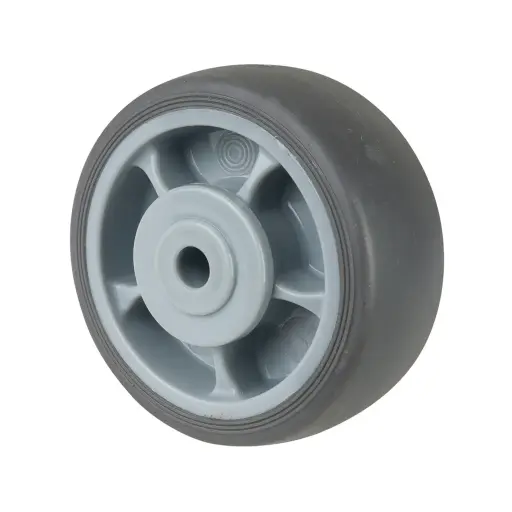 A85.084 Wheel series 80mm grey thermoplastic rubber on polypropylene centre 8mm bore hub length 40mm single ball bearing 100kg