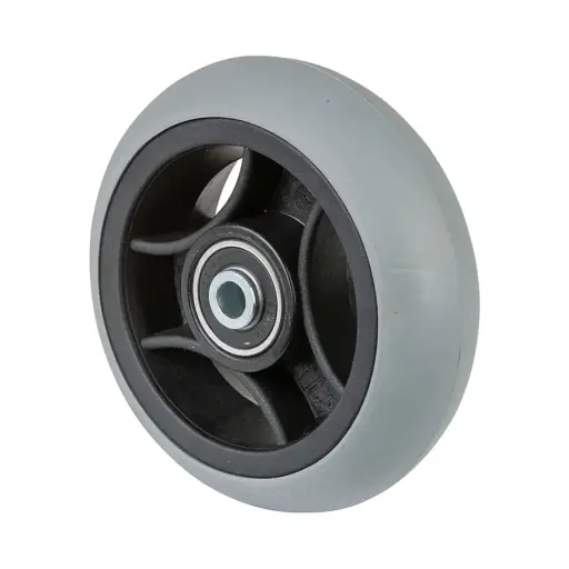 A86.100 Wheel series 100mm grey rubber on polypropylene centre 8mm bore hub length 36mm ball bearings 35kg