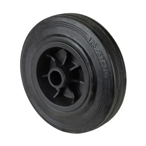 B40.125 Wheel series 125mm black rubber on polypropylene centre 15mm bore hub length 50mm plain bearing 100kg