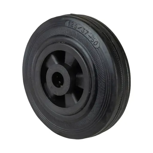 B45.125 Wheel series 125mm black rubber on polypropylene centre 15mm bore hub length 50mm roller bearing 100kg