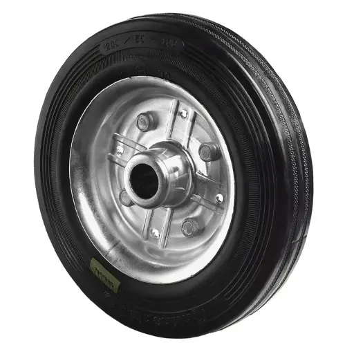 B58.200 Wheel series 200mm electrically conductive black rubber on zinc plated steel centre 20mm bore hub length 58mm roller bearing 225kg