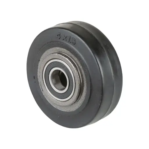 B81.100 Wheel series 100mm black elastic rubber on cast iron centre 20mm bore hub length 45mm ball bearings 150kg
